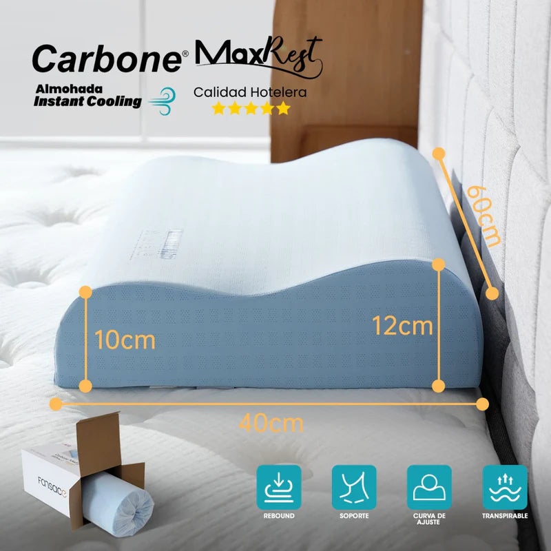 Almohada Cervical 60X40cm Carbone Maxrest. Memory Foam Hipoalergénica Con Enfriamiento Instantáneo. Calidad Hotelera 5 Estrellas. REST157 CARBONE