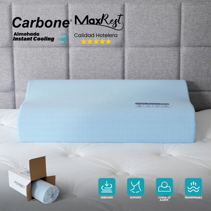 Almohada Cervical 60X40cm Carbone Maxrest. Memory Foam Hipoalergénica Con Enfriamiento Instantáneo. Calidad Hotelera 5 Estrellas. REST157 CARBONE
