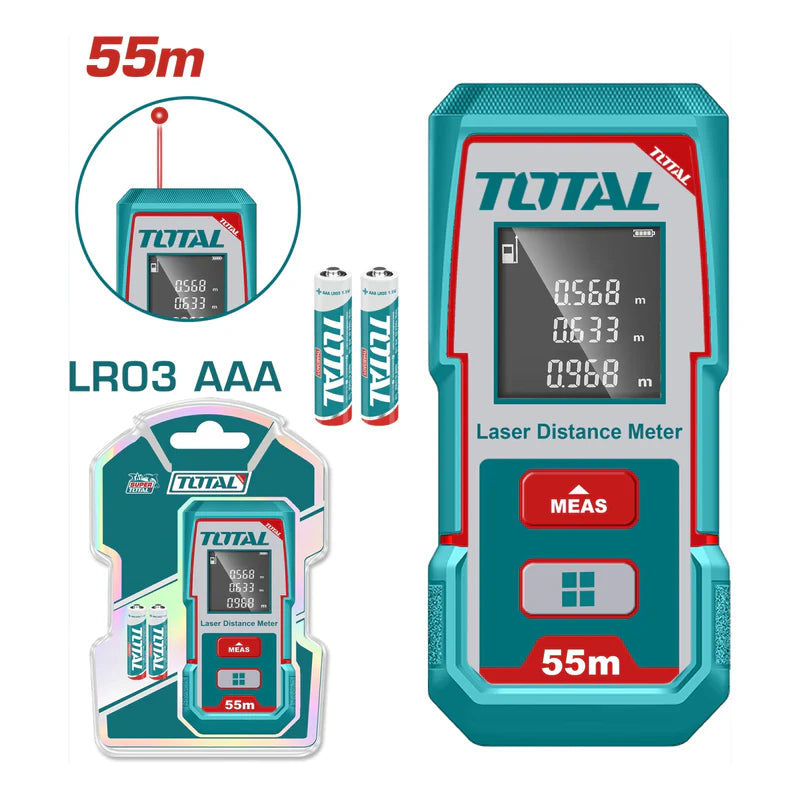 Medidor Láser Rango 0.05–55 Mts. Exactitud ±2.0 Mm. 635 Nm <1 Mw. Baterías AAA. TMT550166 TOTAL