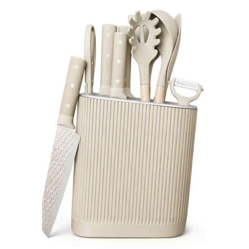 Utensilios De Cocina Y Cuchillos Color Beige Set De 11 Piezas Con Soporte. Diseño Texturizado Antiadherente. UN-A197 Selecto