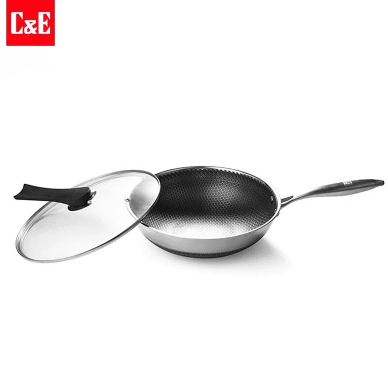 Wok Antiadherente De Acero Inoxidable De 3 Capas 32 Cm (12.5") Con Tapa De Vidrio Templado. Mango De Acero Inoxidable. Grosor 2.2 Mm. UN-A216