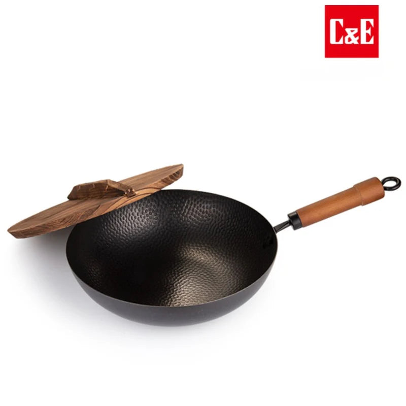 Wok De Hierro Con Mango De Madera De Haya Carbonizada 32 Cm (12.5”) Espesor 1.6 Mm. Sartén Tipo Wok Para Cocina