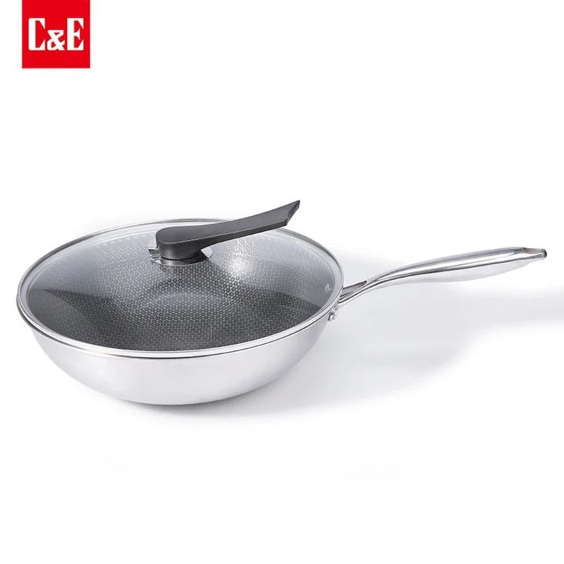 Wok De Acero Inoxidable De 3 Capas Con Tapa De Vidrio Templado 32 Cm (12.5"). Sartén Antiadherente Multicapa De 2.2 Mm UN-A229