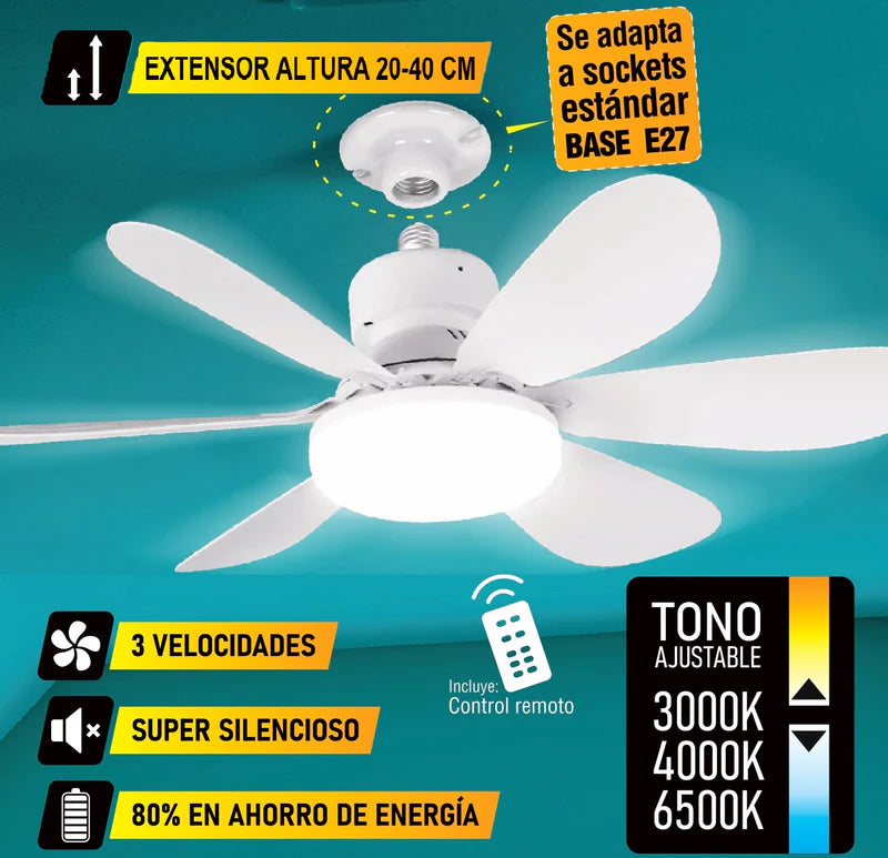 Abanico De Techo 20" Socket E27 Con Luz Led Tono Ajustable 3000/4000/6500K, 1900 Lumens 6 Aspas 3 CCT 520X185mm ELT0387