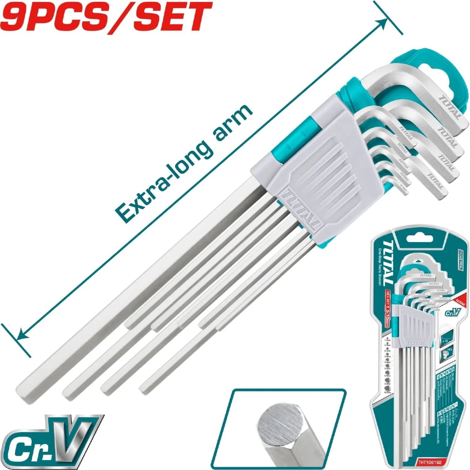 Juego 9Pza De Llave Allen Cr-V.1.5-10Mm Brazos Extra Largos. Total THT106192 TOTAL