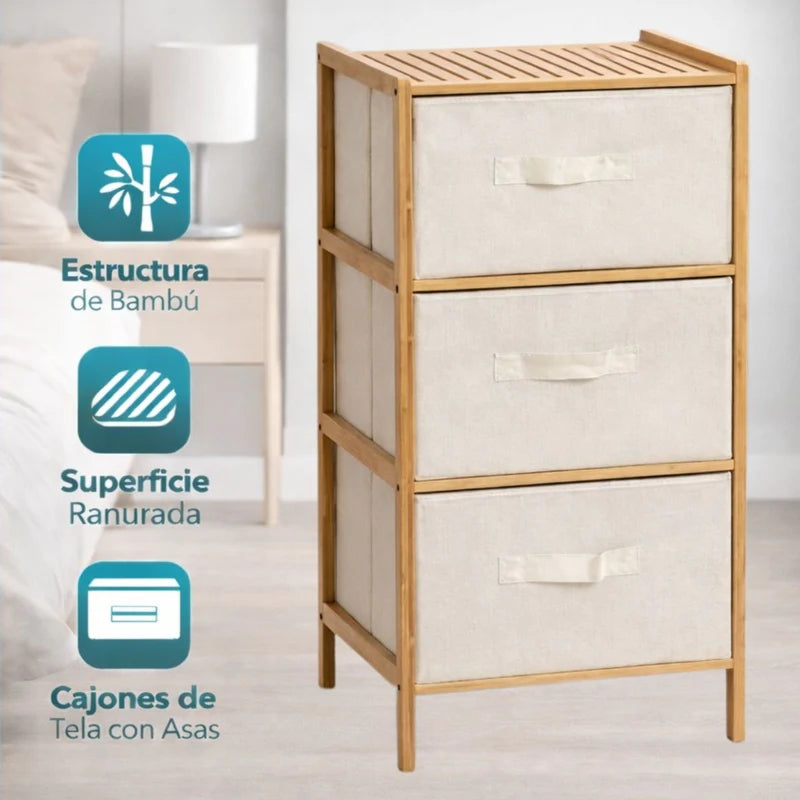 Mueble Multiuso De Bambú Estilo Nórdico Con Cajones De Tela Oxford Para Hogar Y Oficina. Organizador De Almacenamiento Vertical Con 3 Cajones. Gavetero (37X78.5X35 Cm) LT316 Selecto