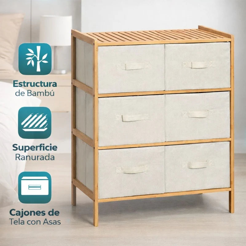 Mueble Multiuso De Bambú Estilo Nórdico Con Cajones De Tela Oxford Para Hogar Y Oficina. Organizador De Almacenamiento Vertical Con 6 Cajones. Gavetero (66X78.5X35 Cm) LT317