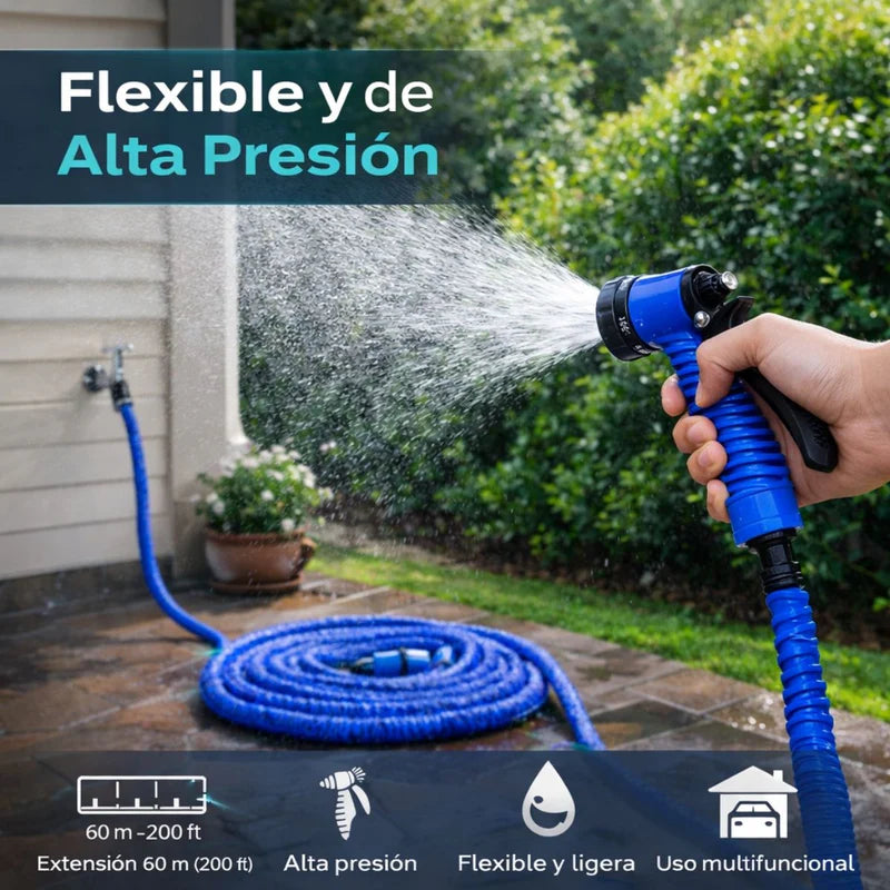 Manguera Expandible De Jardín 60 M (200 Ft) Color Azul Con Pistola De Alta Presión Riego Y Lavado Multifuncional A Prueba De Explosiones. LT351