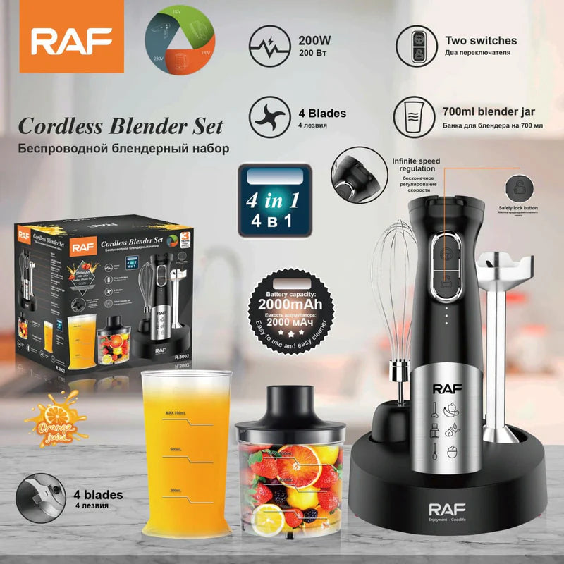 Licuadora Inalámbrica De Mano Mixer 4 En 1 200W Con Vaso 700Ml Y Cuchillas De Acero Inoxidable 110V/60 Hz. Blender R.3002 USB RAF
