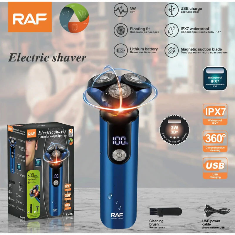Afeitadora Eléctrica Recargable 3W 600 Mah IPX7 360° Con Pantalla LED Y Cable USB 110V/60Hz Rasuradora R.4017 RAF