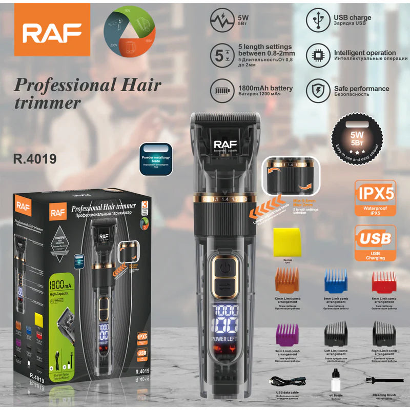 Cortadora De Cabello Eléctrica 5W , 1800Mah, Pantalla Digital, USB,5 Ajustes 110V/60Hz Cortadora Barbero R.4019 RAF