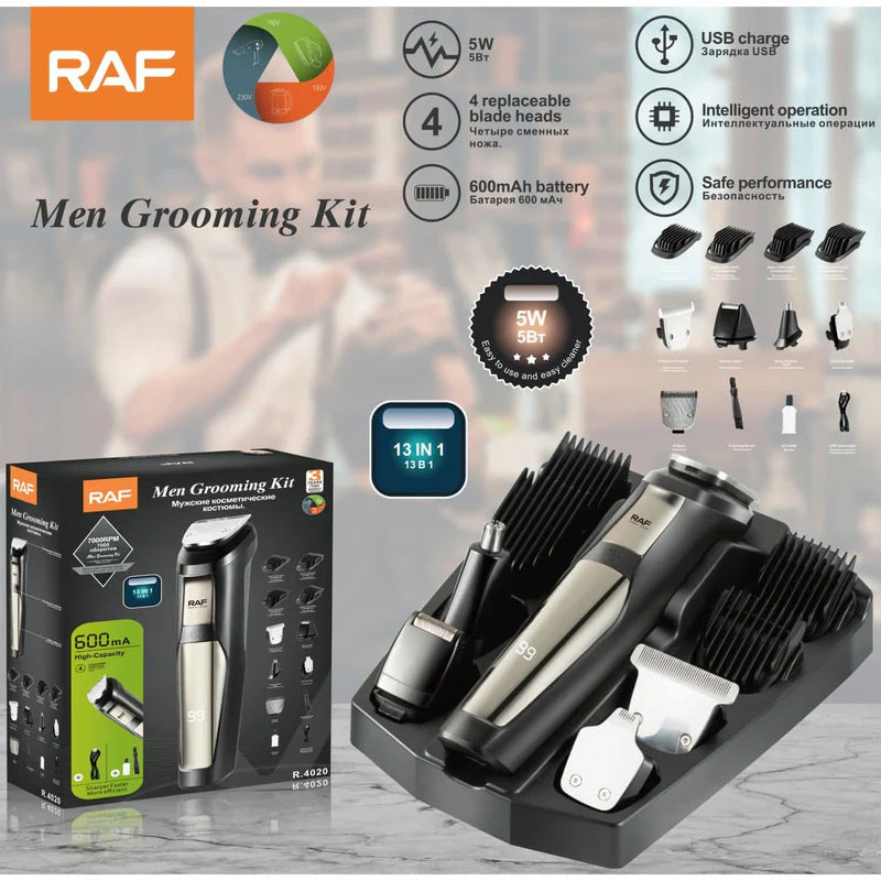 Kit De Cuidado Masculino 5W 13 En 1, Recargable USB, 4 Cabezales, Pantalla Digital Y Base 110V/60Hz Kit De Aseo R.4020 RAF