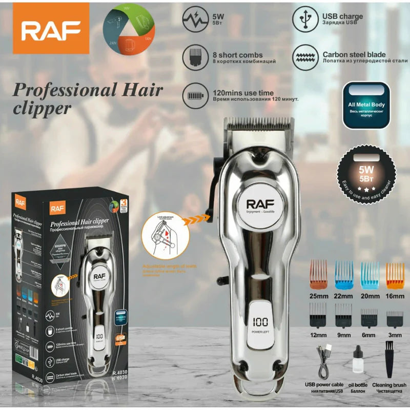 Cortadora De Cabello Eléctrica 5W Diseño Metálico Cable USB Incluye 8 Peines. 110V/60Hz Cortadora Barbero R.4030 RAF