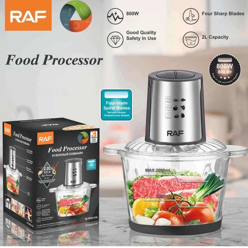 Procesador De Alimentos 800W Bowl Vidrio 2L Con 4 Cuchillas Espirales. 110V/60 Hz. Mezclador De Alimentos R.7018-110 RAF
