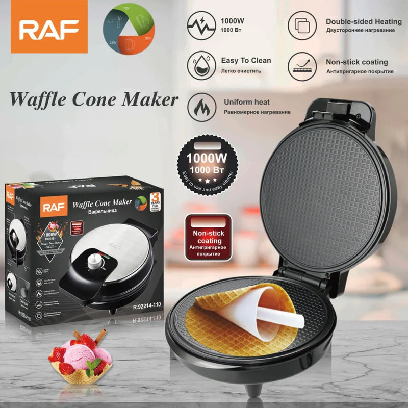 Máquina Para Conos de Waffles 1000W Con Cocción Doble Y Placa Antiadherente 110V /60Hz. Rollos De Waffle R.92214-110 RAF