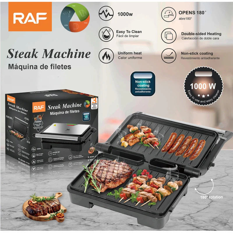 Parrilla Eléctrica 1000W Abre 180° Con Revestimiento Antiadherente Y Doble Calor 110V /60Hz. Asador De Carnes. R.9240-110 RAF