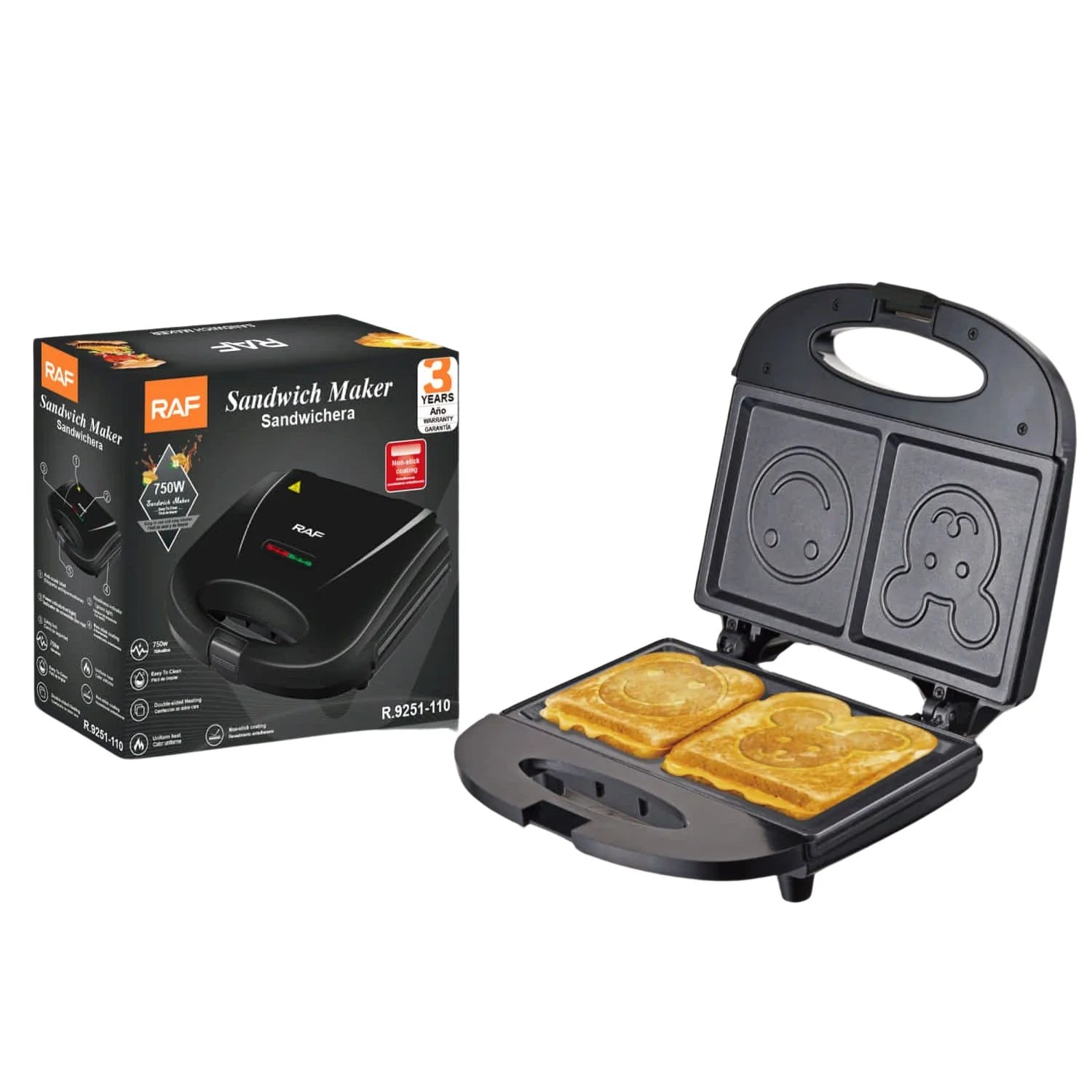 Sandwichera 750W Con Placas Antiadherentes Para Sándwiches Creativos. 110V /60Hz. Plancha Para Emparedados R.9251-110 RAF