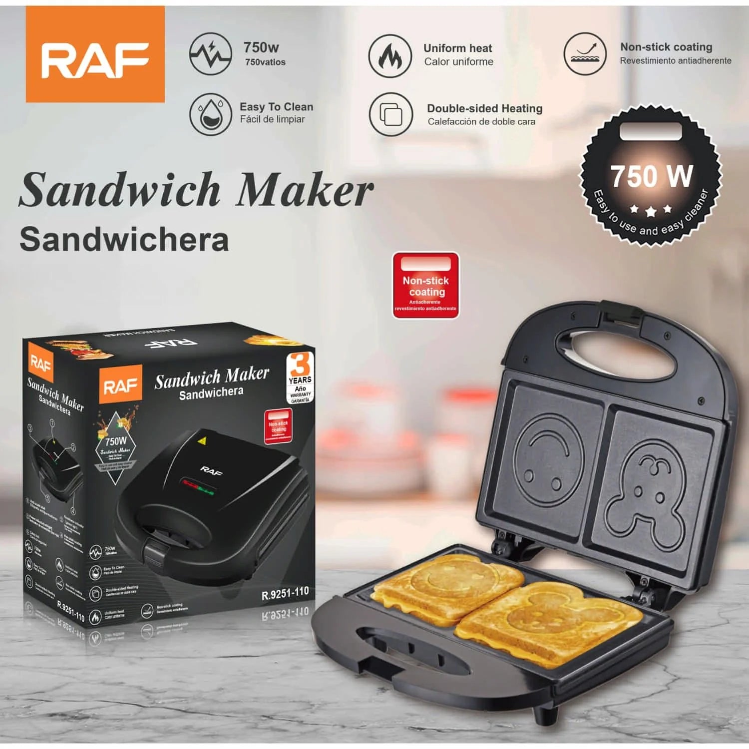 Sandwichera 750W Con Placas Antiadherentes Para Sándwiches Creativos. 110V /60Hz. Plancha Para Emparedados R.9251-110 RAF