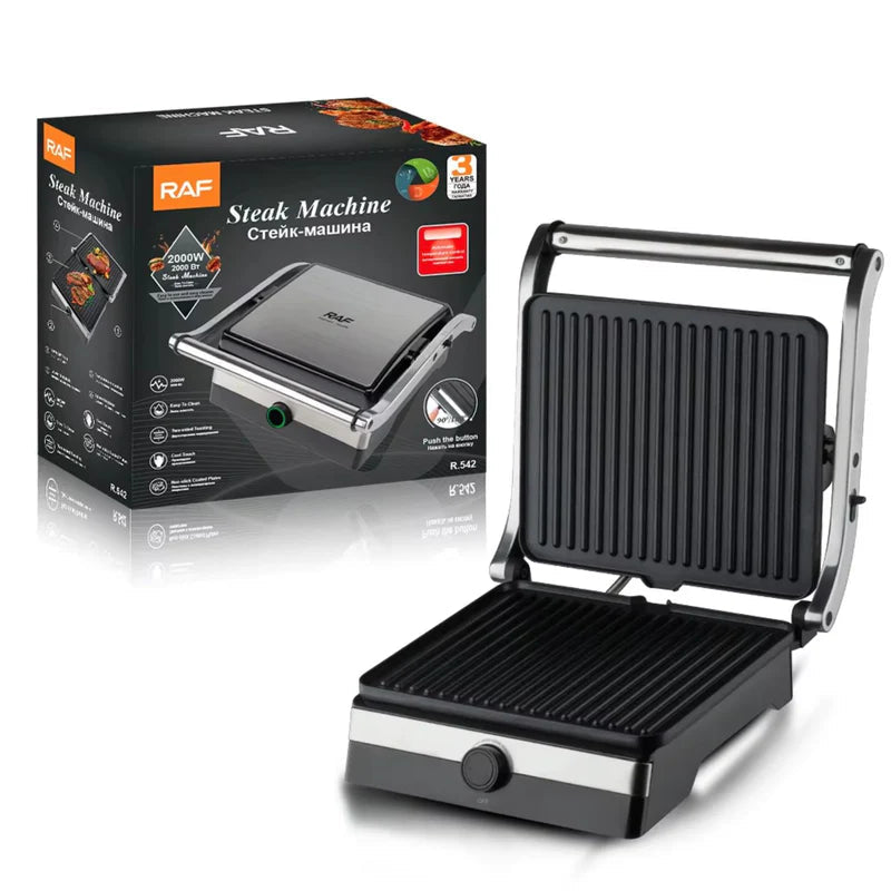 Parrilla Eléctrica 1500W Con Apertura 180° Doble Cara Y Antiadherente 110V /60Hz. Asador De Carnes. R.92683-110 RAF
