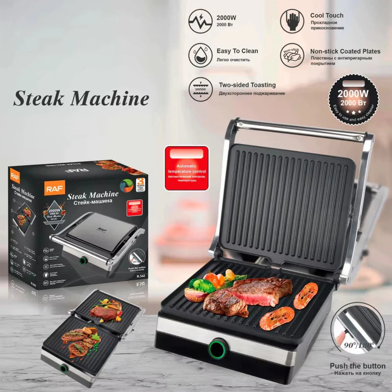 Parrilla Eléctrica 1500W Con Apertura 180° Doble Cara Y Antiadherente 110V /60Hz. Asador De Carnes. R.92683-110 RAF