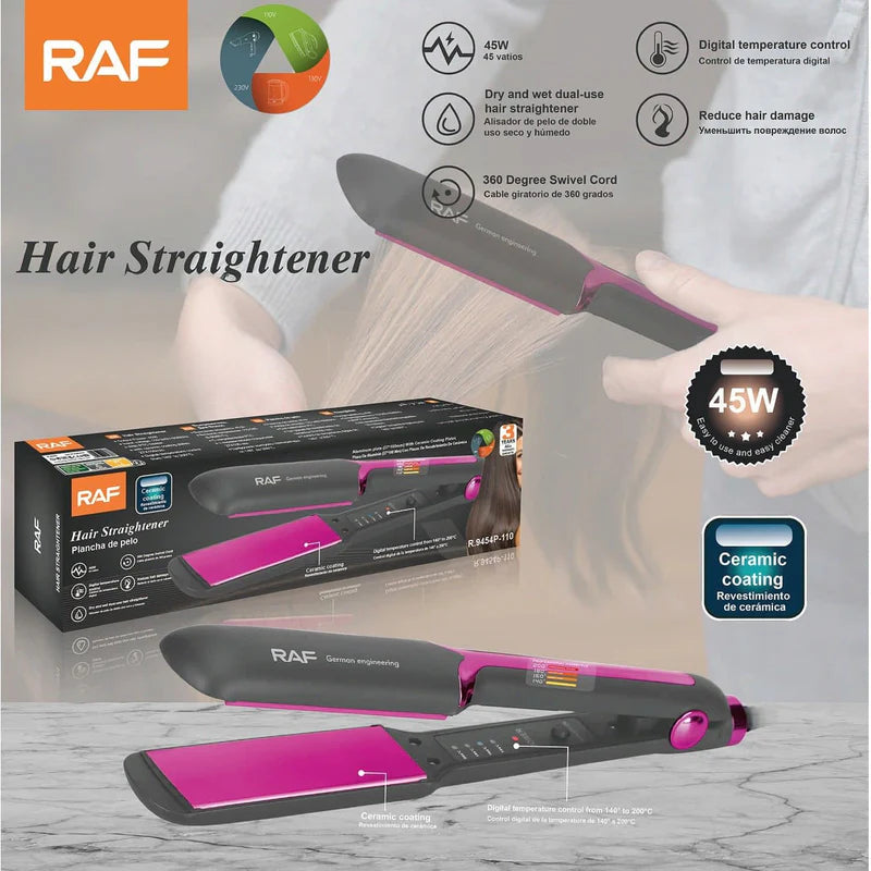 Plancha De Pelo Profesional 45W Control 140°-200°C Uso Seco Y Húmedo Con Revestimiento Cerámico 110V/60Hz R.9454P-110 RAF