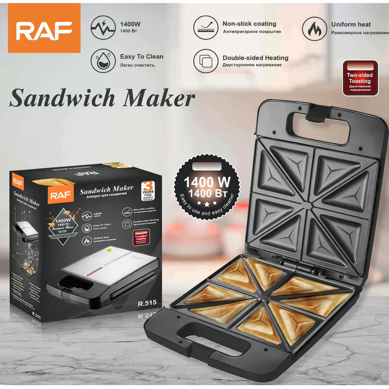 Sandwichera Eléctrica 1400W Antiadherente Con Doble Calor Y Tostado Uniforme 110V /60Hz. Plancha Para Emparedados. R.9515-110