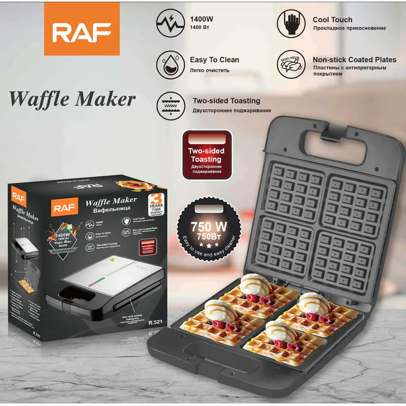 Waflera Eléctrica 750W Con Revestimiento Antiadherente Y Doble Calor. 110V /60Hz. Plancha Para Waffles R.9521-110 RAF