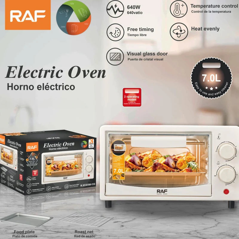Horno Eléctrico 7L 640W, Puerta De Vidrio, 2 Modos, Calor Uniforme, Control Temperatura. Horno Tostador R.95305W-110 RAF