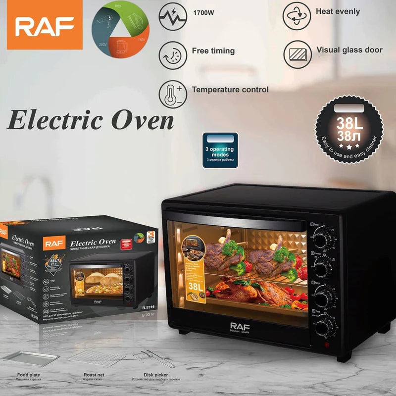 Horno Eléctrico 38L 1700W, Puerta De Vidrio, 3 Modos, Calor Uniforme, Control Temperatura. Horno Tostador R.95316-110 RAF
