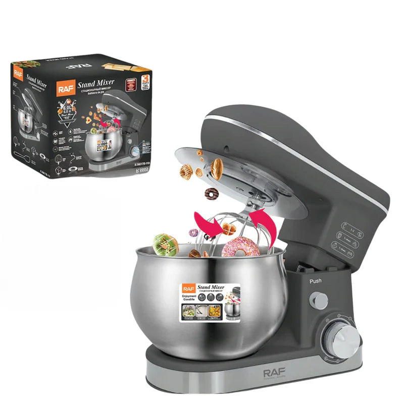 Batidora De Pie 5L 1800W 110V/60Hz 6 Velocidades Con Bowl Función Pulso Incluye Accesorios. Mezcladora RAF R.96617B-110 RAF