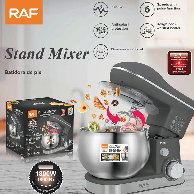 Batidora De Pie 5L 1800W 110V/60Hz 6 Velocidades Con Bowl Función Pulso Incluye Accesorios. Mezcladora RAF R.96617B-110 RAF