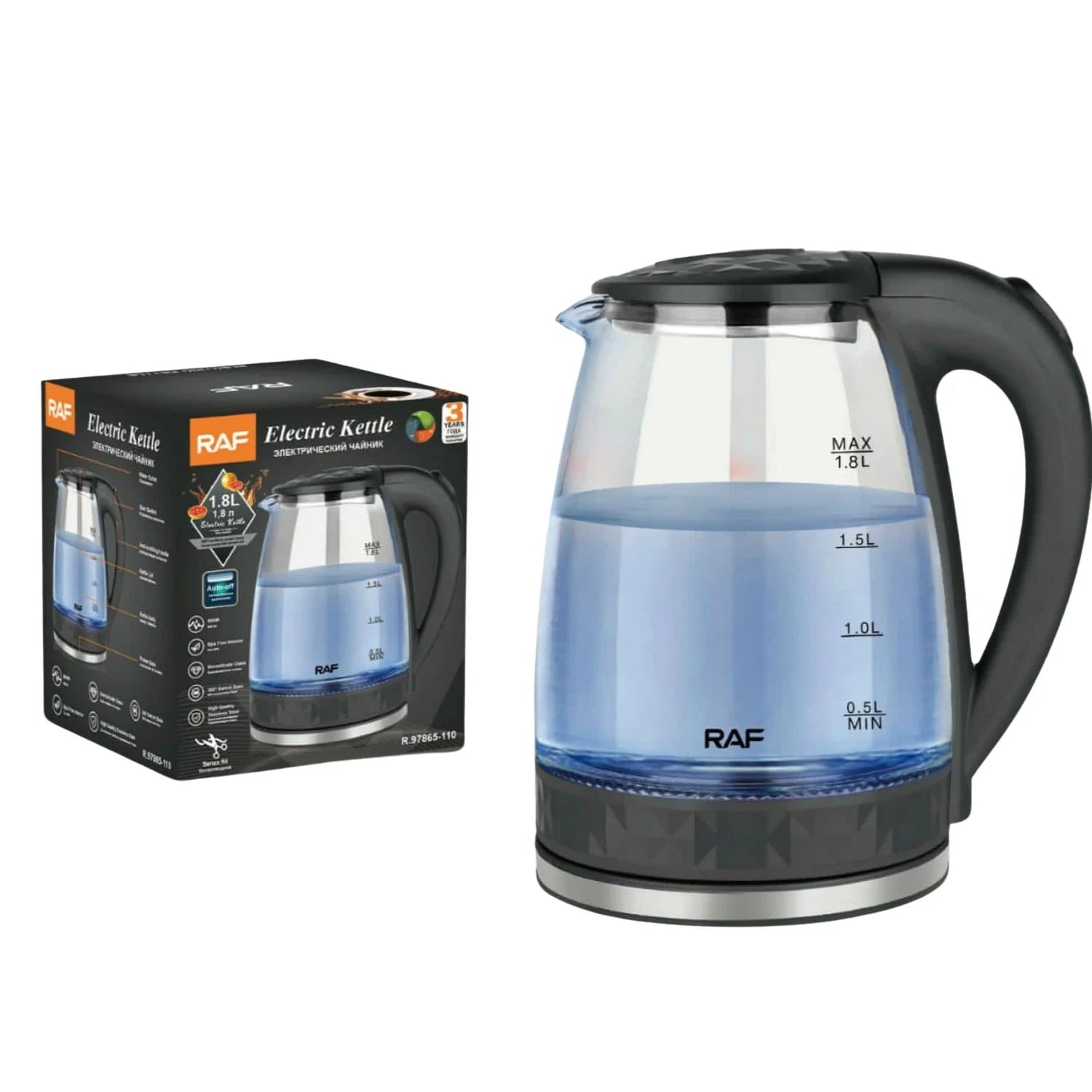 Hervidor Eléctrico 800W 1.8L Sin BPA Con Base Giratoria 360° Vidrio 110V /60Hz. Tetera Eléctrica R.97865-110 RAF