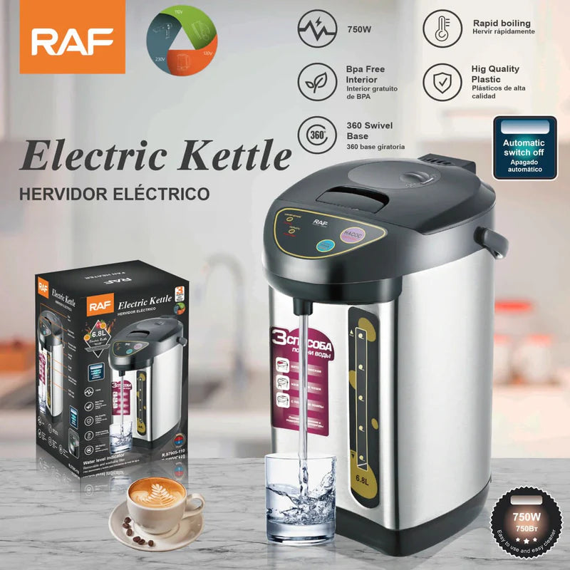 Hervidor Eléctrico 6.8L 750W Con Apagado Automático Y Base Giratoria 360° Acero Inoxidable 110V /60Hz R.97905-110 RAF