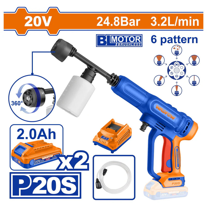 Hidrolavadora Inalámbrica 20V Motor Sin Escobillas. 3.2L 24.8 Bar. Parada Automática. Pistola 6 Patrones. Incluye 2 Baterías Y Cargador. UWQX11203 WADFOW