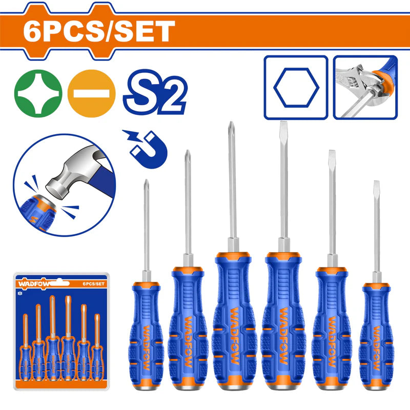 Destornilladores De Punta Pasante S2 Vástago Hexagonal Magnéticos (Phillips Y Punta Plana) Set 6 Pzas. WQJ0601