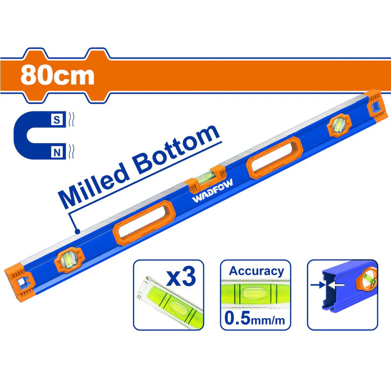 Nivel De Burbuja Magnético 80Cm Fresado Doble Cara Grosor 1.5Mm 2 Imanes. Superficie Plana. 3 Viales. Nivelador. WSL3G80 WADFOW
