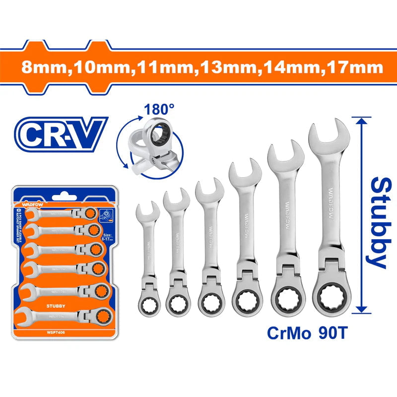 Llaves Combinadas Ratchet Cr-V Tamaño: 8Mm-17Mm. Cr-Mo 90T Set De 6 Piezas. WSP7406 WADFOW