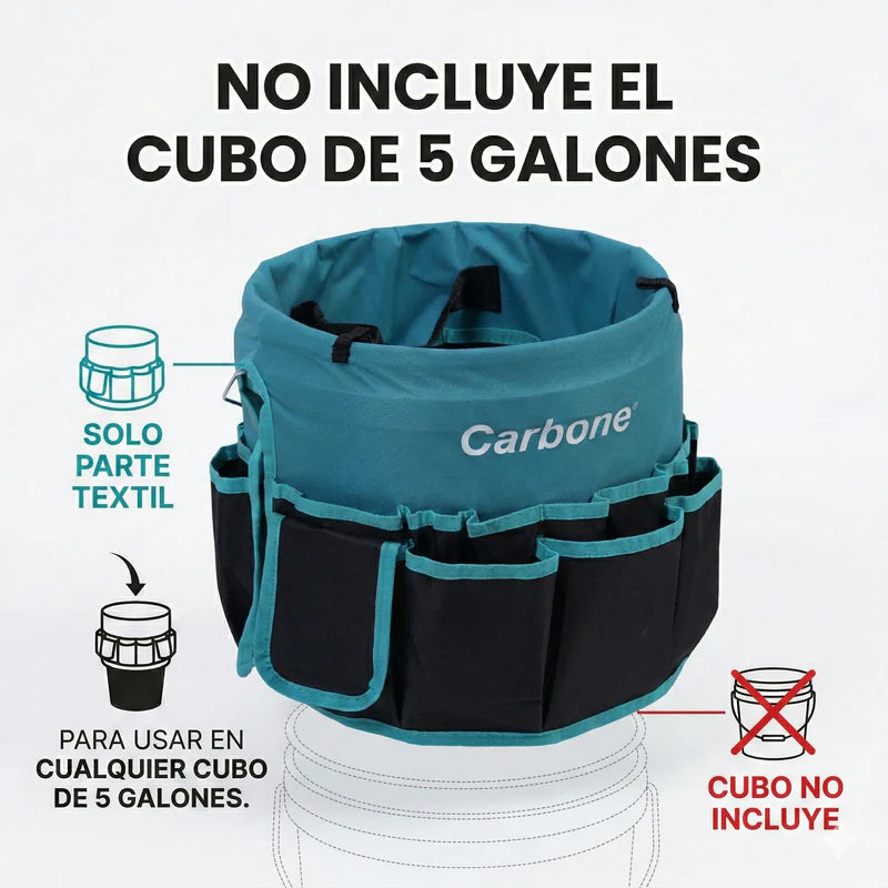 Bolso Cubeta Caja Porta Herramientas Textil Oxford. Cubo Organizador Carbone Con Múltiples Bolsillos Y Asa Metálica 30X32cm. ( No Incluye Cubeta) Solo El Textil Para Usar Con Cubeta UN-F001