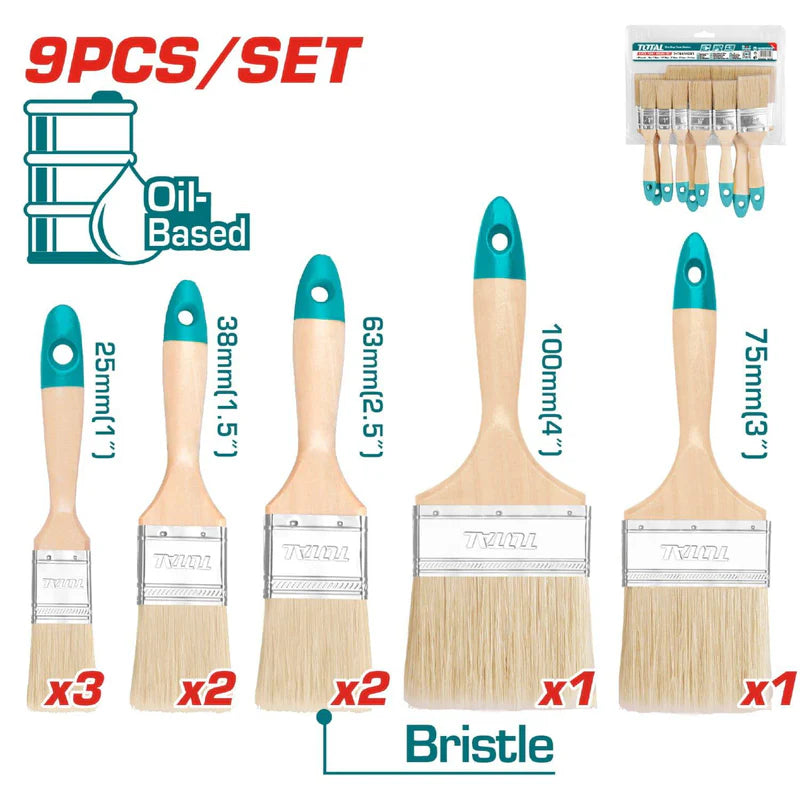 Juego De 9 Brochas. Mango Madera 3Pcs 1", 2Pcs 1.5", 2Pcs 2" , 1Pcs 3", 1Pcs 4". Alta Calidad Total THT8414091 TOTAL