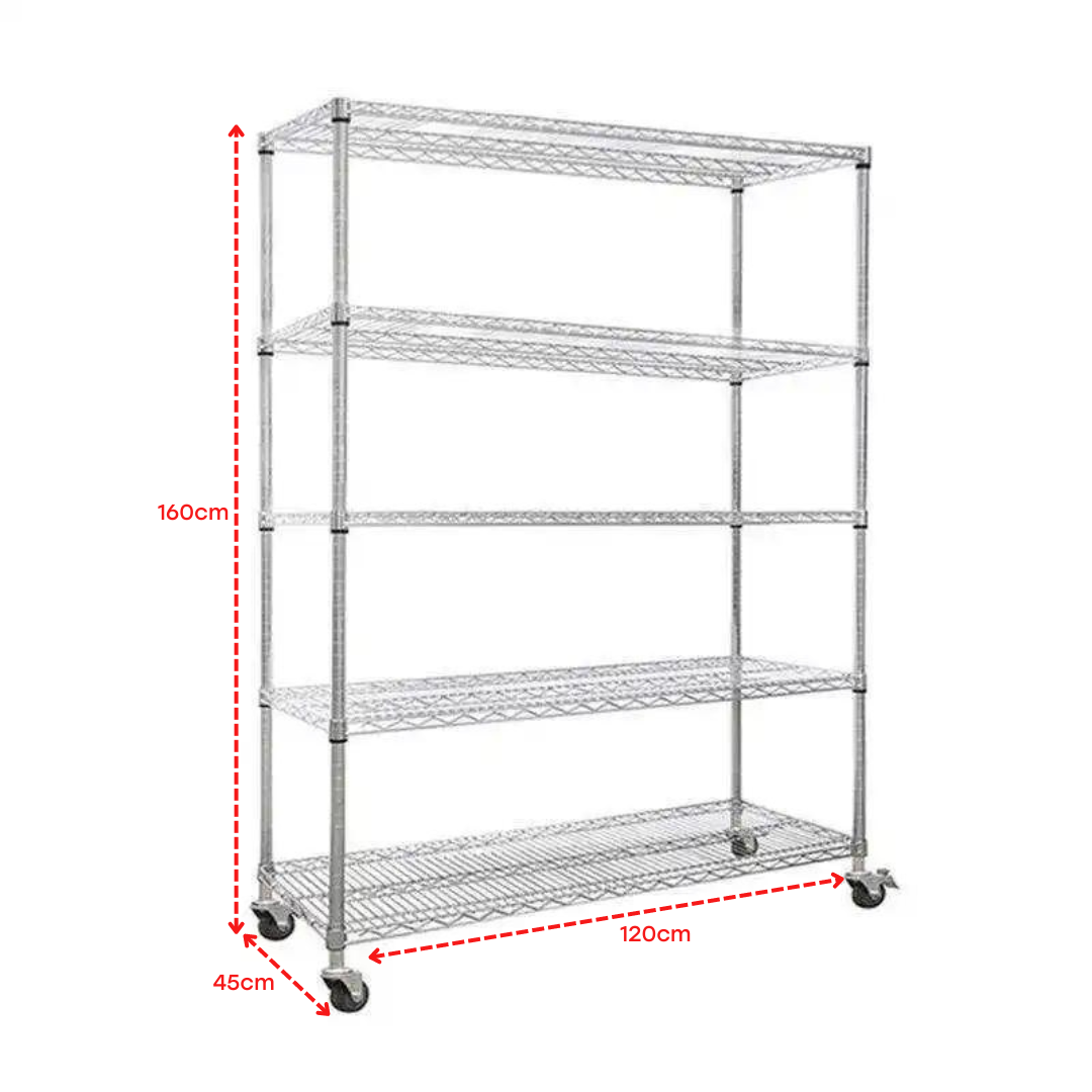 Rack Metálico Cromado de 5 Niveles 100kg con Ruedas & Frenos 160*120*45cm R160X120X45
