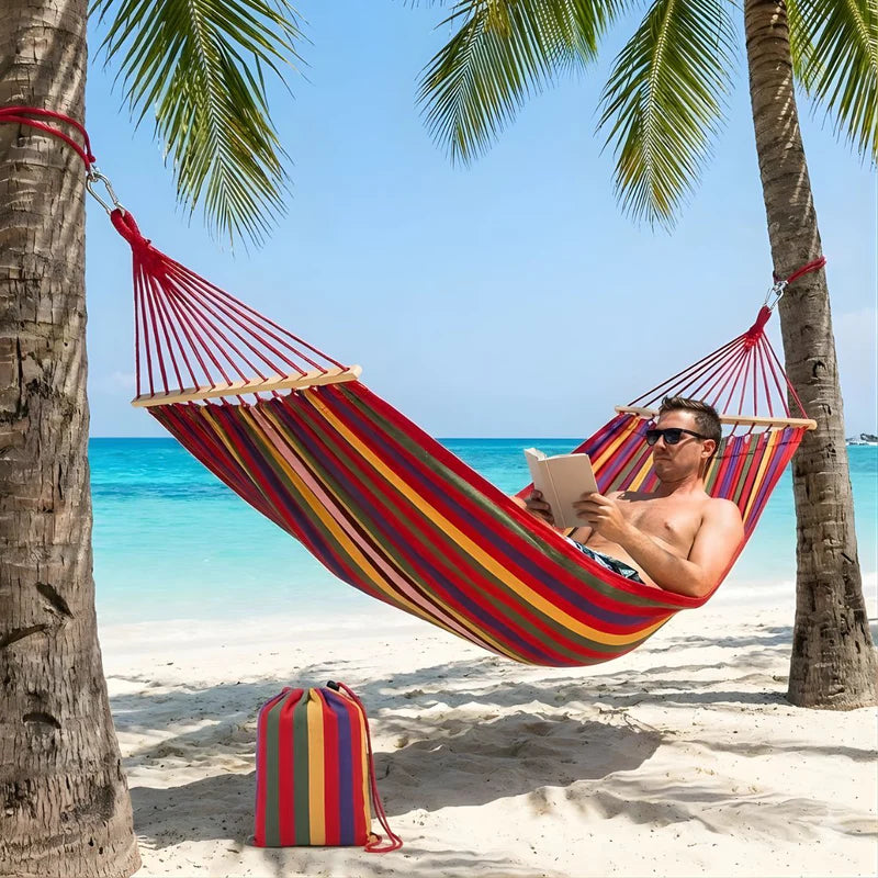 Hamaca De Tela Multicolor Con Barras De Madera (260X100cm). Ideal Para Camping Y Exterior. Incluye Accesorios. LT094