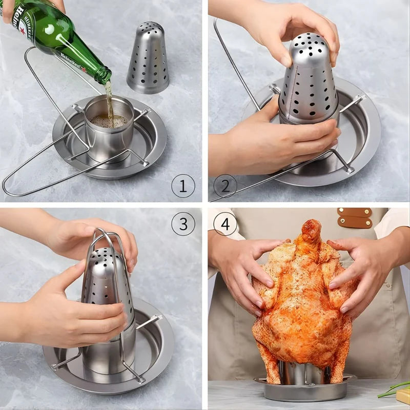 Base Rostizador Asador De Pollo Al Barril Vertical Acero Inoxidable 7"X9" (18X23cm) Con Aromatizador Para Cerveza, Vino Y Especias. LT107 Selecto