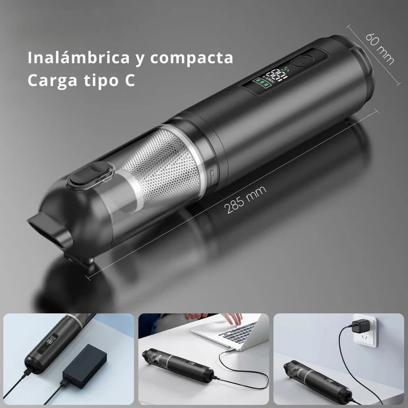 Aspiradora Inalámbrica Portátil Con Pantalla Digital Y Motor AI 17000Pa De Alta Potencia Con Carga Tipo-C Que Aspira, Infla Y Sopla. Ideal Para Auto, Oficina Y Hogar LT142
