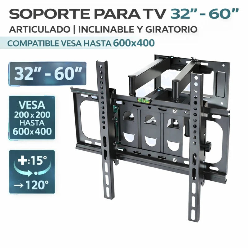 Soporte De Pared Para TV 32-60” Con Brazo Articulado Inclinable Y Giratorio Ajuste Vertical ±15° Y Giro Lateral Hasta 120°Compatible VESA Hasta 600X400 LT331