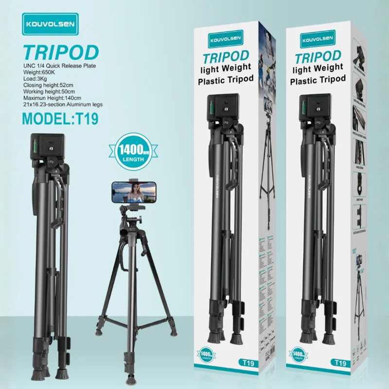 Trípode Profesional Para Celular Y Cámara Hasta 140Cm. Soporte Ajustable Ligero Con Placa Rápida 1/4” Para Video, Fotos Y Streaming. T19