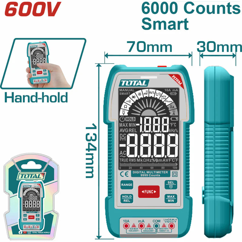Multímetro Digital Smart De 6000 Conteos. Con Retención De Datos. AC/DC 600V. Resistencia 600?. Detección De Voltaje Sin Contacto. Total TMT516004 TOTAL