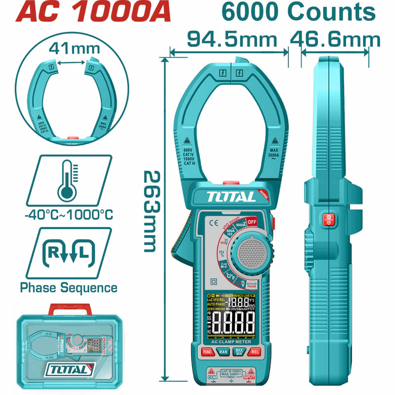 Medidor De Abrazadera Pinza Amperimétrica 6000 Cuentas. AC 1000A. Con Retención De Datos. Total TMT7610001 TOTAL