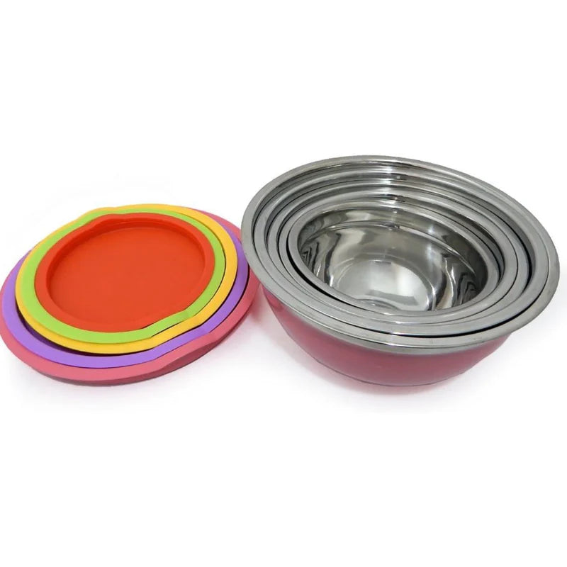 Tazones Bowl De Acero Inoxidable Con Tapa. Multifuncionales Colores Surtidos. (Set De 5Piezas) Tamaños 18-26Cm Bowl De Cocina. Base Antideslizante UN-A077 Selecto