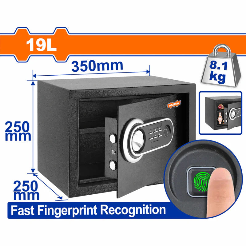 Caja Fuerte De Seguridad 19 L. 250 X 350 X 250 Mm. Registra 3 A 8 Dígitos. Con Reconocimiento De Huella Digital. Se Puede Fijar A La Pared O Al Suelo. Caja De Seguridad. Wadfow WEB3525 WADFOW
