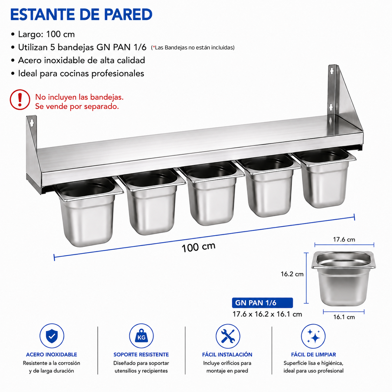 Repisa de Pared con Porta Bandejas GN PAN 1/6 de Acero Inoxidable | Organizador para Cocina Comercial | 100cm | No Incluyen las Bandejas | 330803